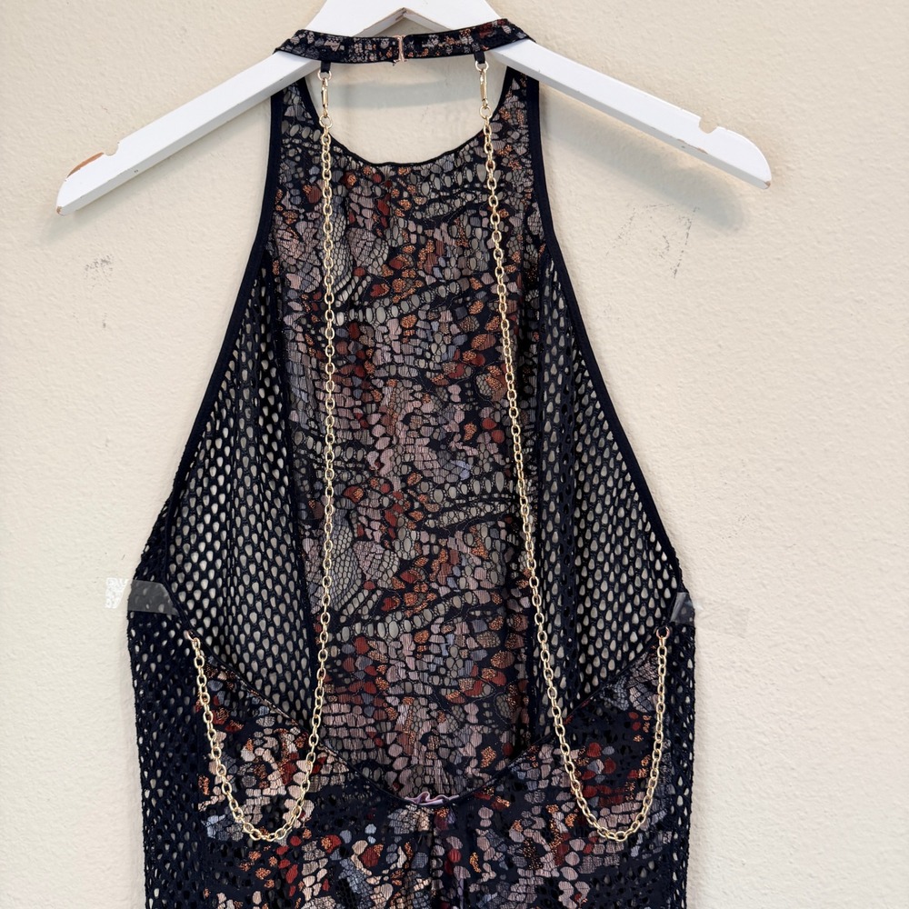 Savage X Fenty Womens Medium Black Lace Fishnet Catsuit Gold Chain Jumpsuit- M - Picture 8 of 16